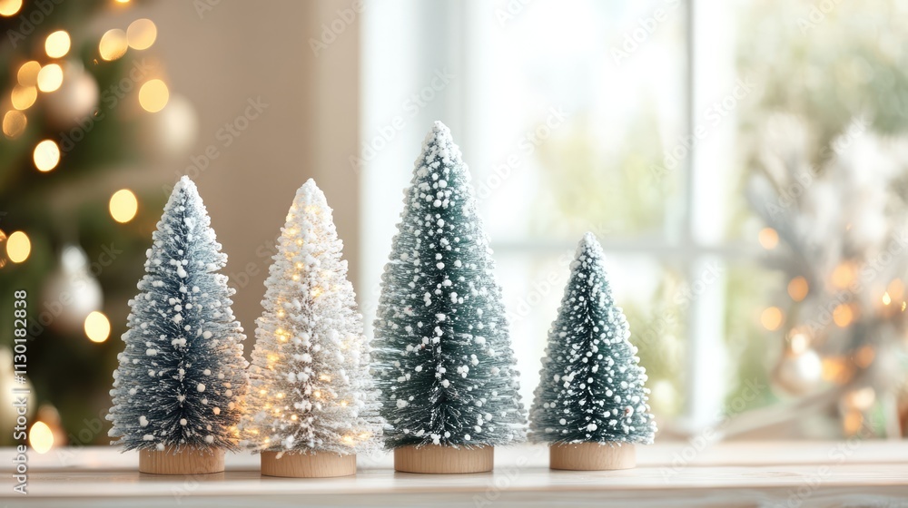 Aufkleber elegant christmas trees displayed in a bright room with a blurred background creating a festive and 