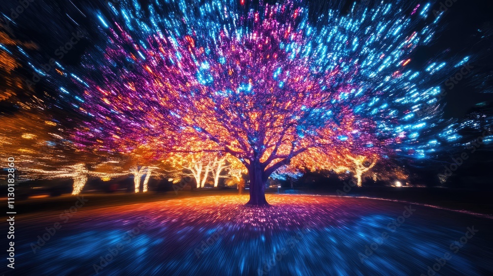 Poster vibrant illuminated tree at night with colorful bokeh lights creating a magical atmosphere in a blur