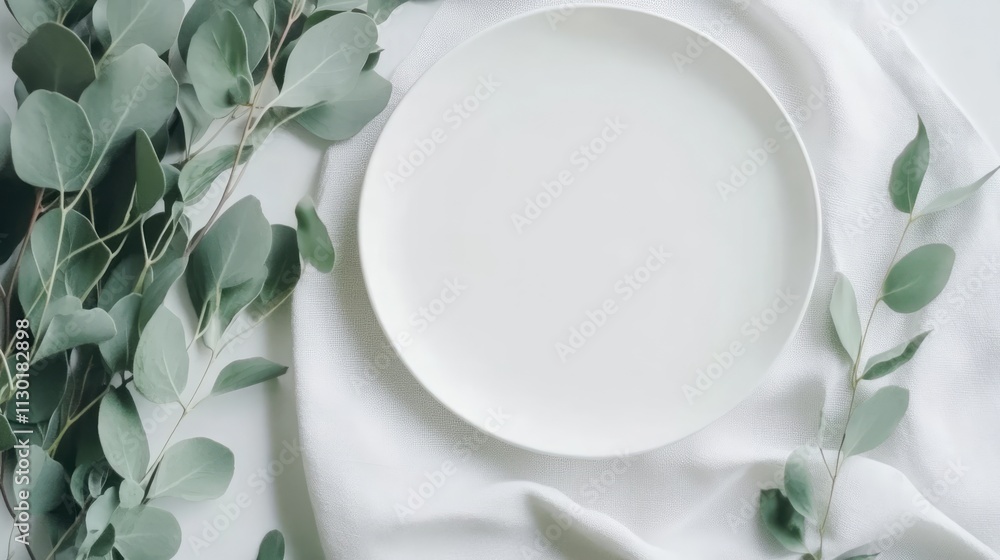 Poster minimalist table setting with empty white plate linen napkin and eucalyptus branches on light backgr