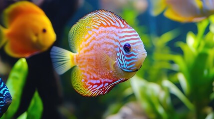 Vibrant Tropical Discus Fish Swimming in a Colorful Aquarium Surrounded by Lush Greenery and Other Exotic Species