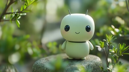 Naklejka premium Adorable white robot surrounded by greenery in a natural setting