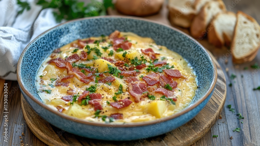 Poster cabbage soup with bacon and potatoes in a blue plate served with bread on a rustic wooden table back