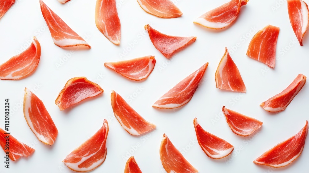 Poster sliced uncured bacon pieces arranged on a clean white background for food presentation or culinary d