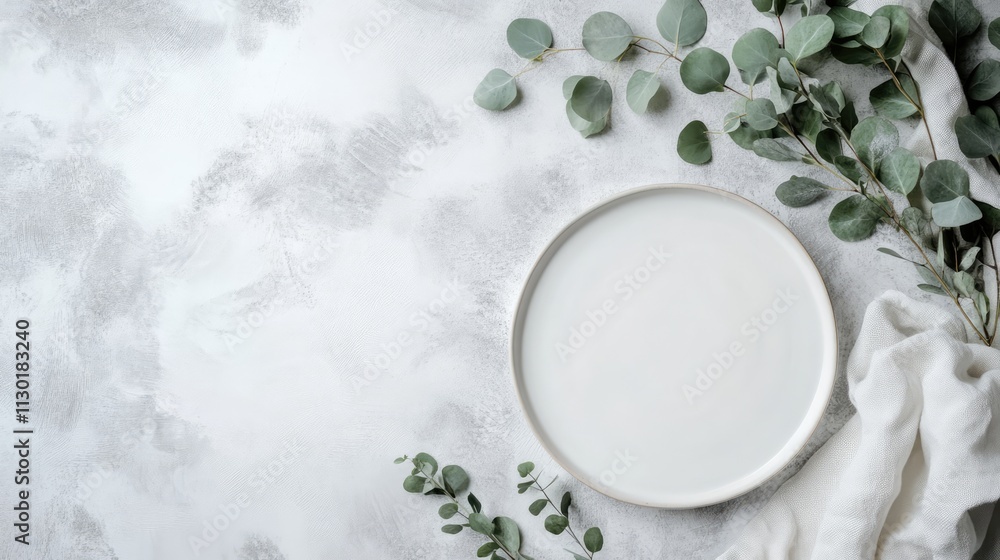 Poster minimalist table setting with empty white plate linen napkin and eucalyptus leaves on light textured
