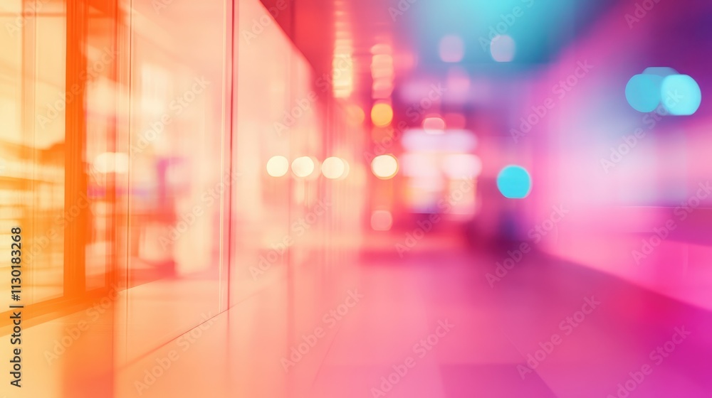 Poster abstract blurred background of modern store interior with colorful lighting effects creating a vibra