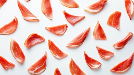 Sliced uncured bacon pieces arranged on a clean white background for food presentation or culinary design concepts
