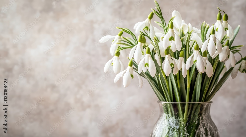 Poster spring snowdrop bouquet in glass vase on light textured background with space for text showcasing na