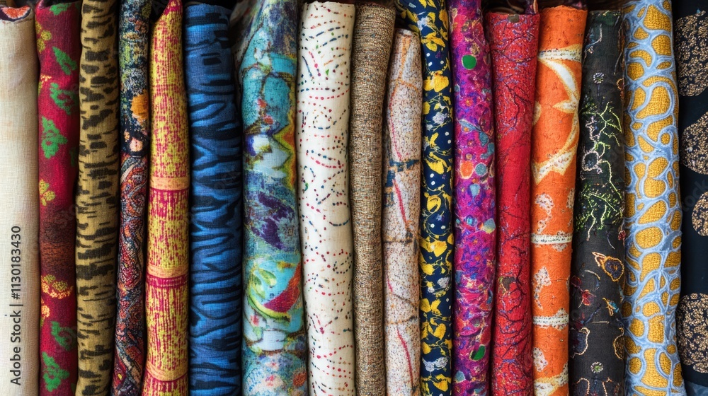 Poster colorful display of folded fabrics showcasing various patterns and textures ideal for textile design