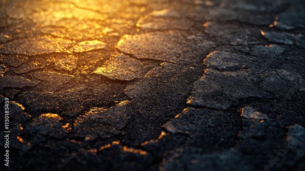 Poster textured asphalt surface illuminated by warm backlight showcasing cracks and patterns in detail.