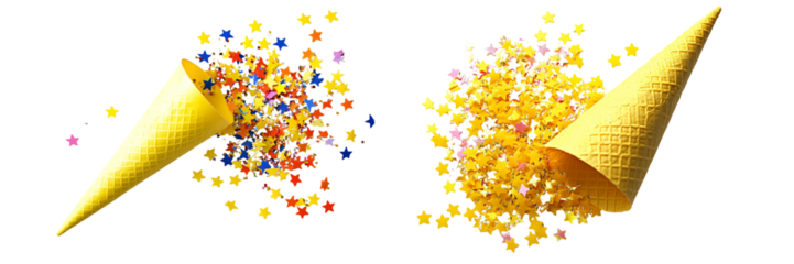 Set of a Yellow star confetti spilling out of a party cone, isolated on transparent background.