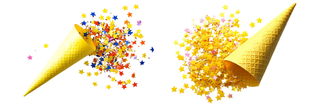 Set of a Yellow star confetti spilling out of a party cone, isolated on transparent background.