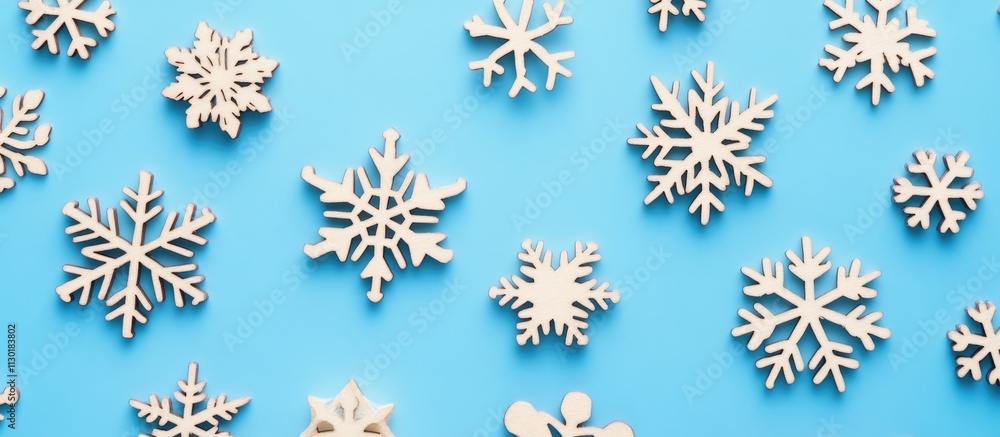 Poster winter holiday wooden snowflakes arranged on a blue background creating a seasonal design with ample