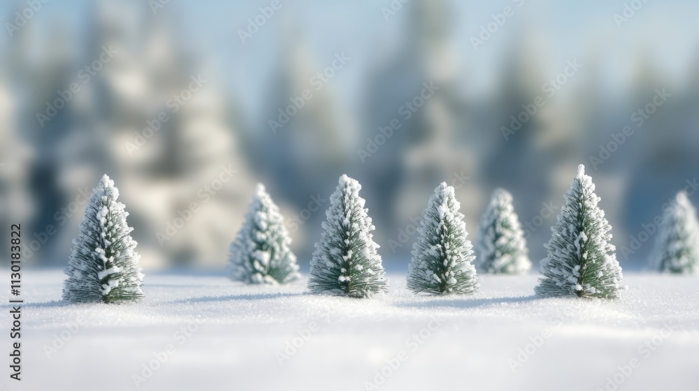 Poster frosted miniature christmas trees in a snowy landscape with a soft blurred background creating a ser