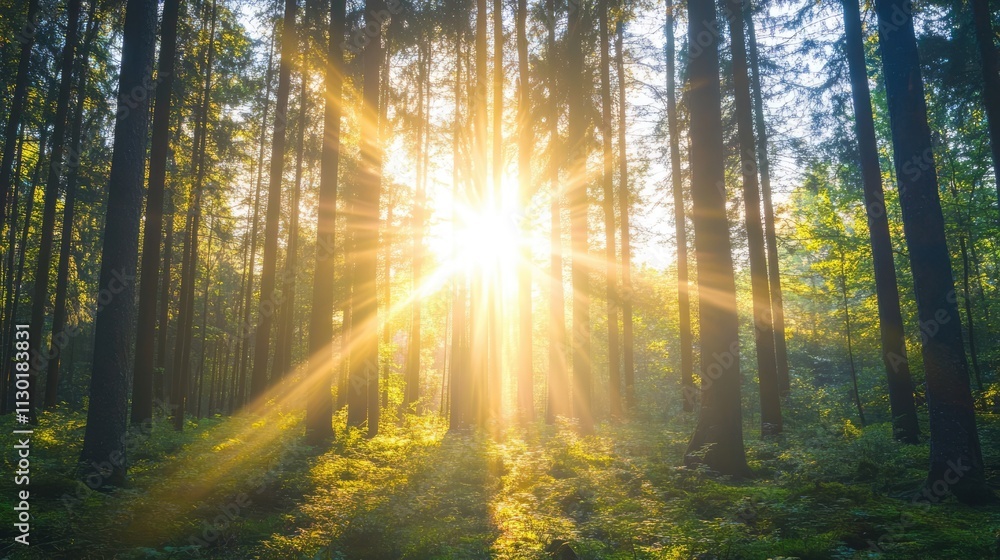 Poster sunlight filtering through a blurred forest creating an abstract background with trees and vibrant g