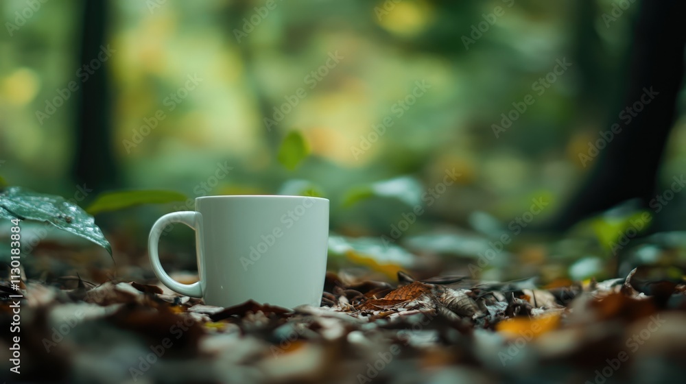 Poster white cup in a tranquil forest setting surrounded by autumn leaves and soft natural light creating a