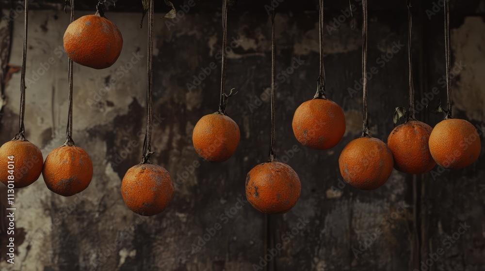 Aufkleber rustic backdrop featuring a cluster of hanging oranges showcasing vibrant colors and textures perfec