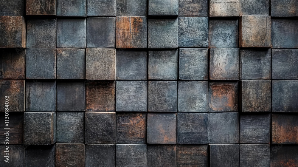 Poster dark wooden wall texture featuring a grid of three-dimensional cubes with unique finishes and a worn