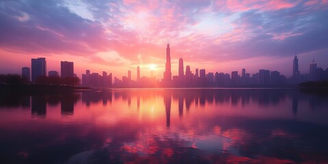 Fototapeta premium A beautiful sunrise casts a warm glow over a city skyline reflected in a tranquil lake.