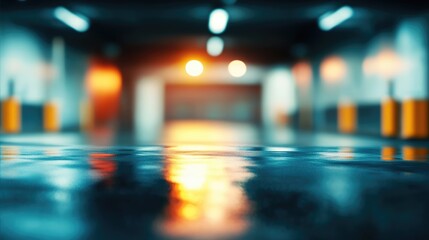Abstract blurred image of a garage interior with reflections on the floor suitable for articles on automotive themes or urban spaces.