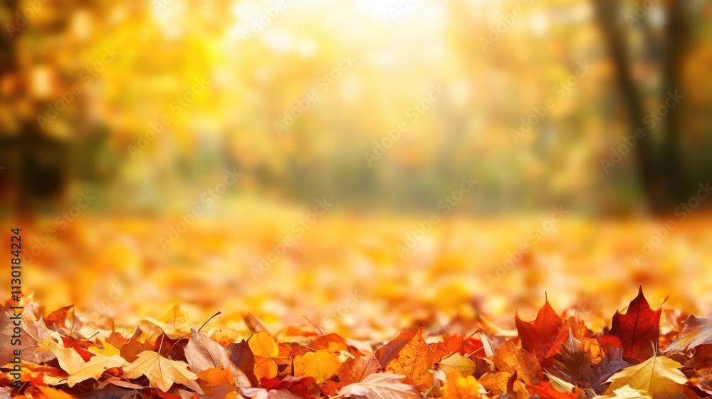 Poster autumn foliage background with blurred sunlight creating a warm and inviting atmosphere in a serene 