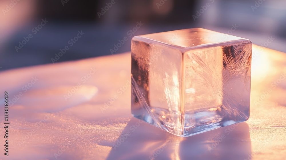 Poster close-up of a transparent ice cube highlighting its geometric form and cool tones against a softly b