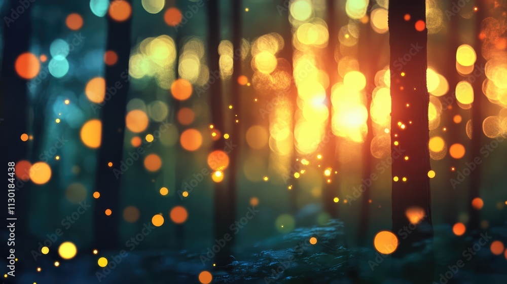 Poster blurred forest background with soft glowing lights creating a magical atmosphere and warm hues in a 
