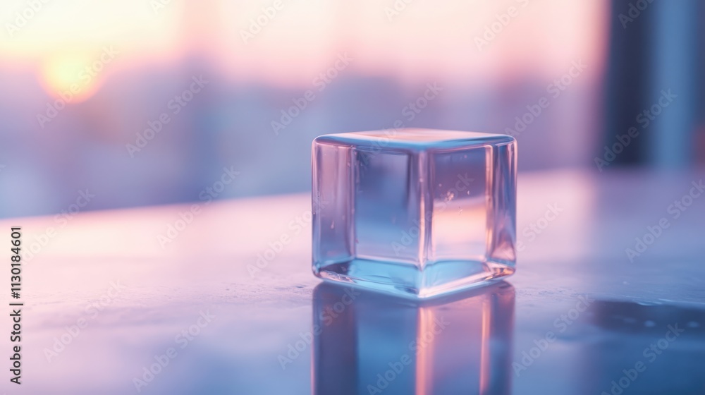 Aufkleber close up of a transparent ice cube highlighting its geometric shape and cool tones set against a sof