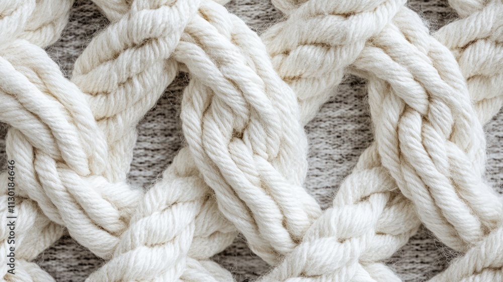 Poster textured background of intertwined white textile rope showcasing intricate knot patterns and fibers 