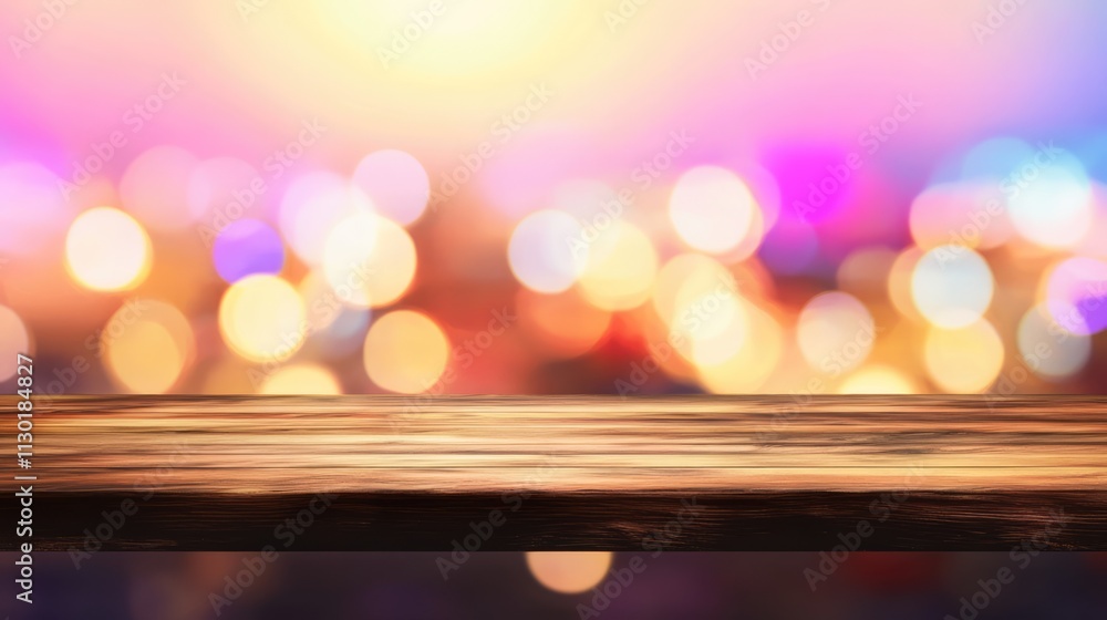 Aufkleber bokeh background with warm multi colored lights and wooden table perfect for product display or fest