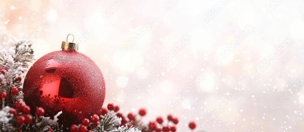Poster red christmas bauble adorned with frost placed on festive branches with a soft bokeh background capt