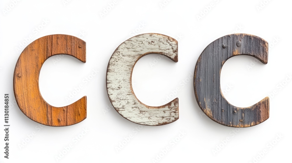 Poster wooden letter c set in three distinctive styles featuring rustic textures on a white background perf