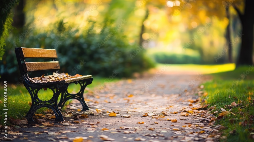 Poster serene park bench surrounded by autumn foliage with a softly blurred background creating a calming n