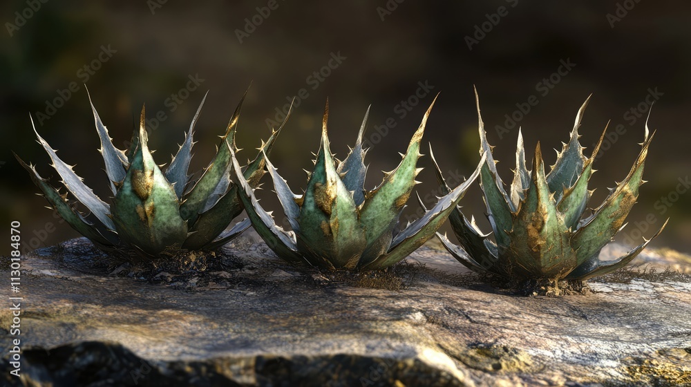 Poster agave plants with sharp spines showcasing unique textures and colors on a stone surface in a natural