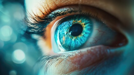 Fototapeta premium Close-up of a human eye reflecting visionary concepts with clear details and a vibrant iris emphasizing focus and analysis in business themes.