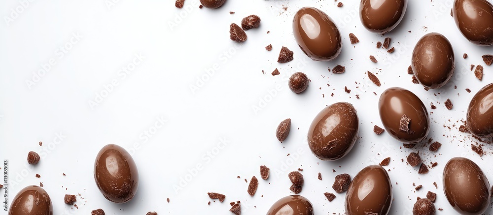 Aufkleber chocolate easter eggs arranged artistically on a white background with chocolate shavings creating a
