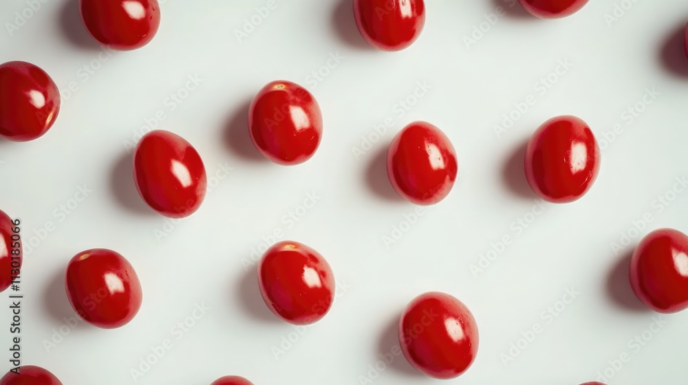 Poster cherry tomatoes arranged in a uniform pattern on a clean white background creating a vibrant and app