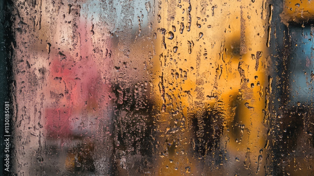 Poster aesthetic view of raindrops on window glass with blurred colorful background creating a moody atmosp