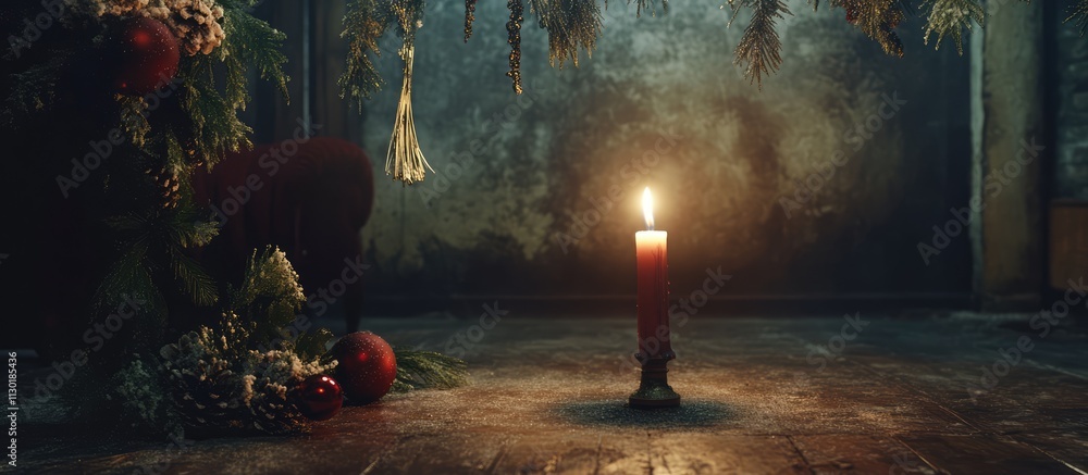 Poster rustic advent decor with a single lit candle surrounded by festive greenery and ornaments in a warm 