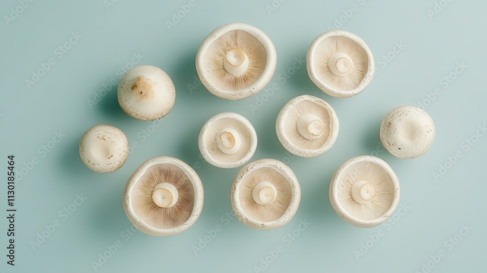 Poster champignon mushrooms arranged on a light background showcasing their unique shapes and textures from
