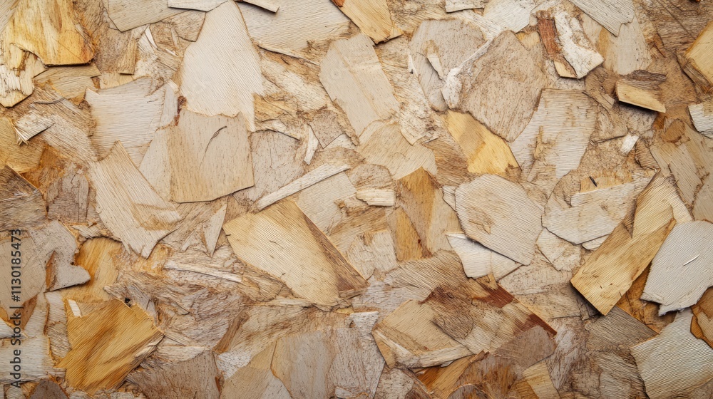 Poster close up of textured chipboard sheets displayed in a warehouse showcasing natural wood tones and pat