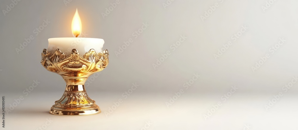 Poster elegant golden candlestick with a lit candle against a soft white background creating a warm and inv