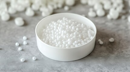 Ethylamine C2H5NH2 white crystalline substance in laboratory dish on gray background with plastic packaging and scattered beads.