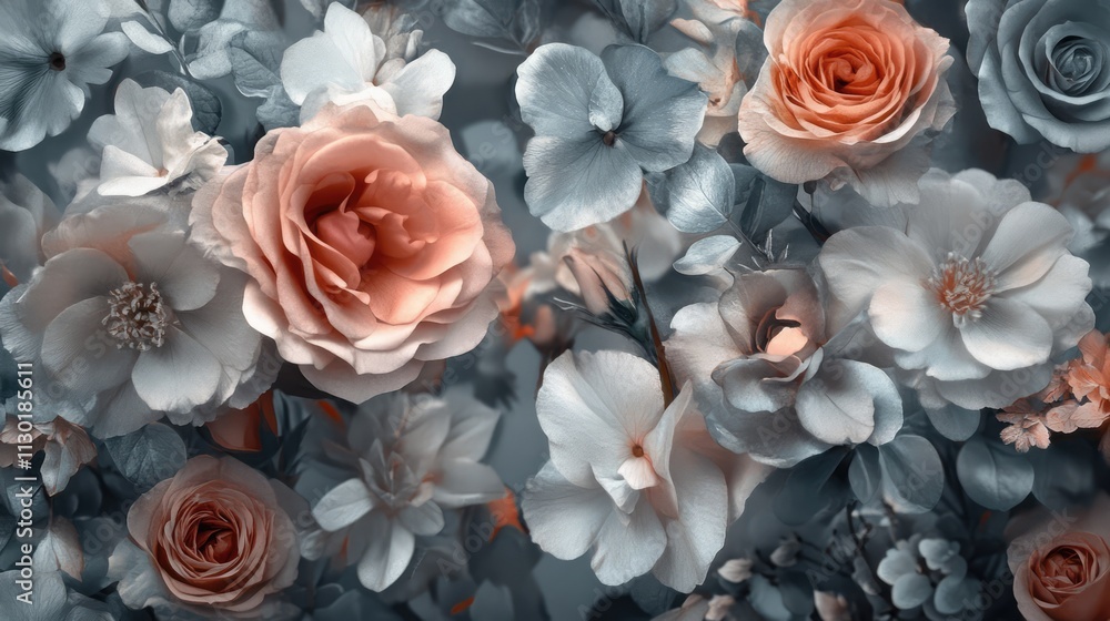 Poster muted pastel floral background with soft focus roses and blooms creating an elegant and serene atmos