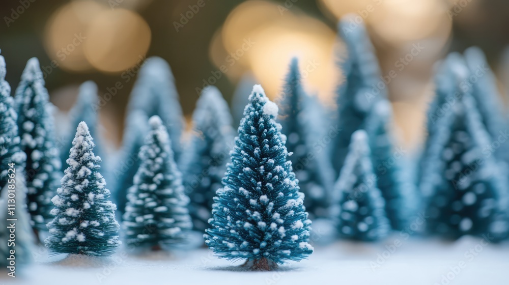 Poster miniature christmas trees covered in snow create a festive winter scene with a soft blurred backgrou