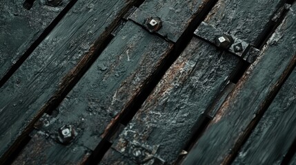 Obraz premium Weathered wooden boards with rusty nails creating a rustic and aged background ideal for vintage design and texture applications