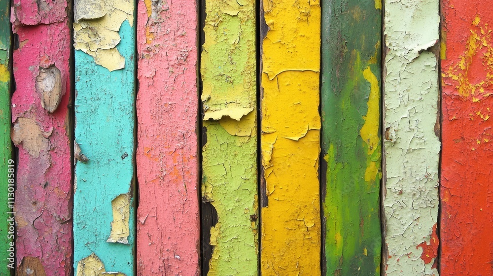 Poster colorful peeling paint on rough old fence boards creating a vibrant and textured background for arti