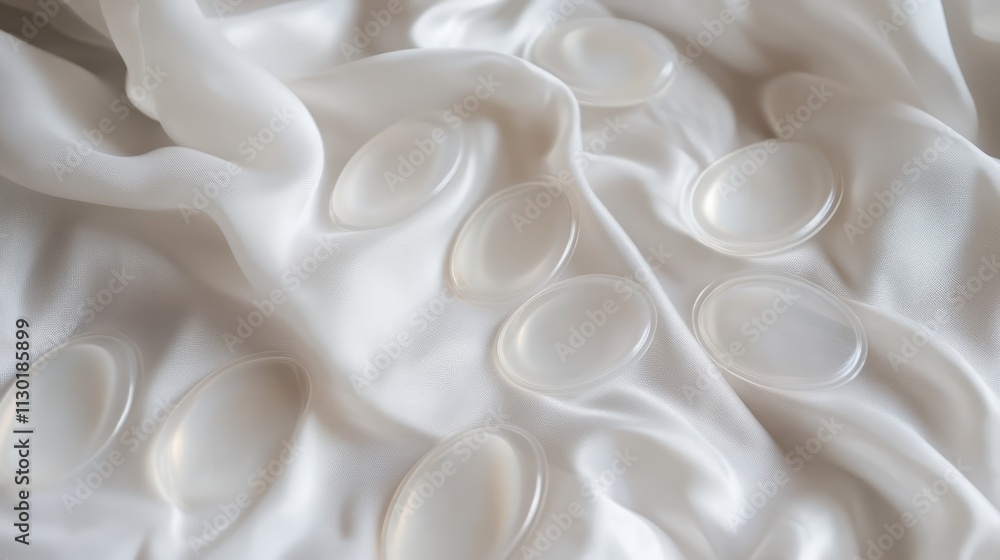 Poster background of translucent oval plastic pieces arranged on soft white fabric creating a serene and el