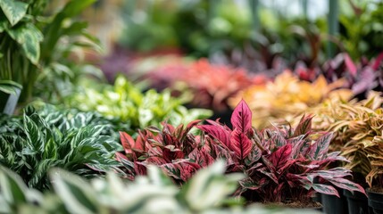 Ornamental plants in vibrant colors with a soft blurred background showcasing lush greenery in a serene garden setting