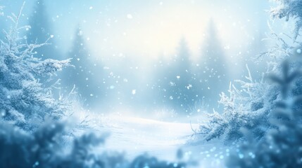 Serene winter landscape with softly blurred snowy forest creating a tranquil and magical atmosphere for nature-themed projects