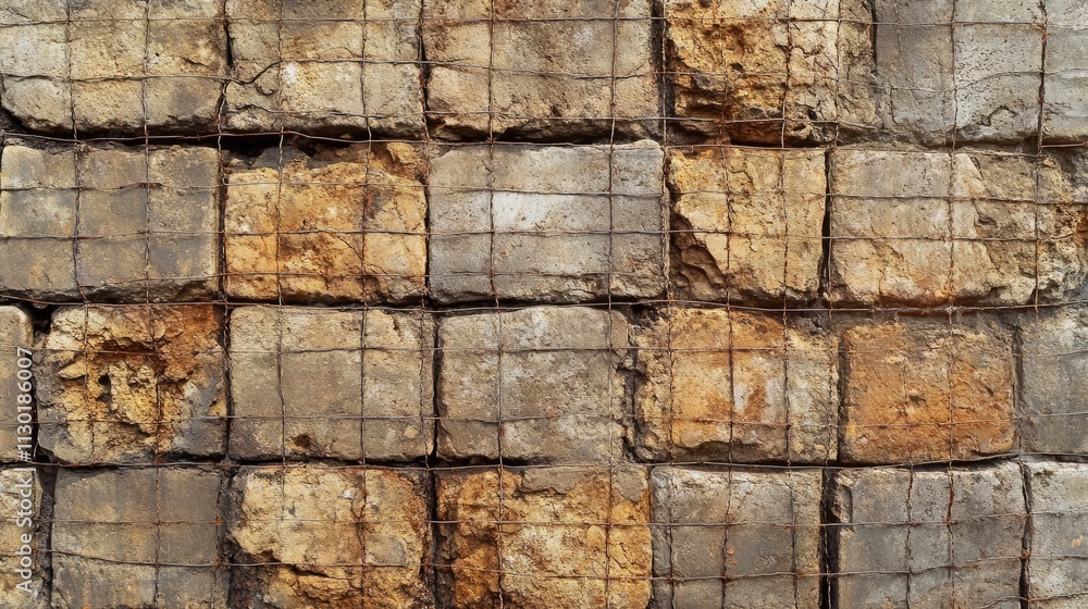 Poster weathered cement block wall with wire mesh providing a textured background suitable for construction